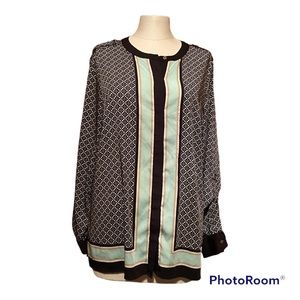 DANA BUCHMAN women’s geometric roll-tab blouse dusty mint/tan/black Size 12